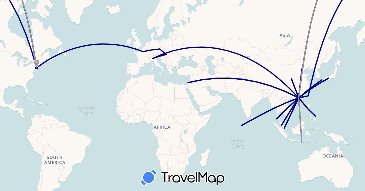 TravelMap itinerary: driving, plane in China, Czech Republic, France, Hong Kong, Hungary, Indonesia, Israel, Italy, Japan, Maldives, Malaysia, Philippines, Singapore, Thailand, Taiwan, United States (Asia, Europe, North America)